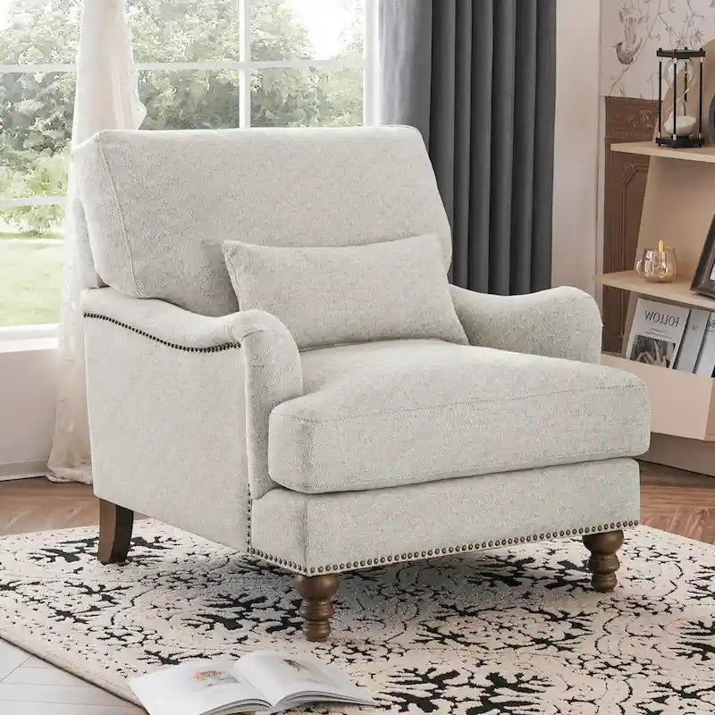 Sillón moderno tapizado, estructura de madera maciza con cojín lumbar, para sala de estar