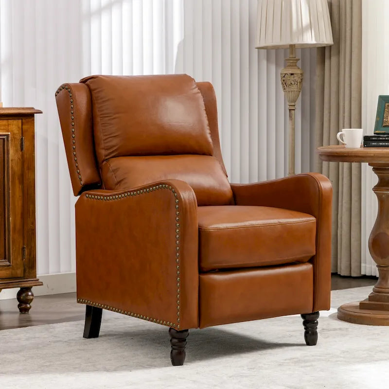 Sillón reclinable de cuero con respaldo pushback, cómodo para sala de estar