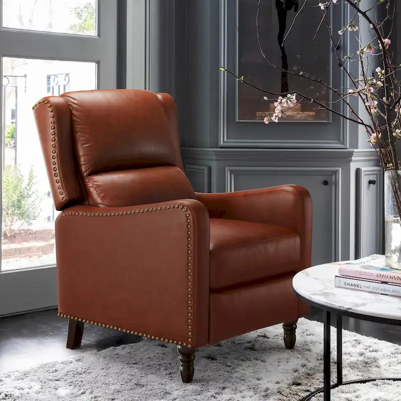 Sillón reclinable de cuero con respaldo pushback, cómodo para sala de estar