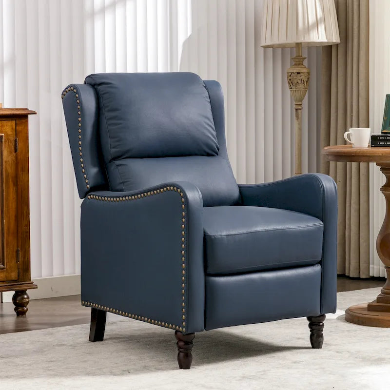 Sillón reclinable de cuero con respaldo pushback, cómodo para sala de estar
