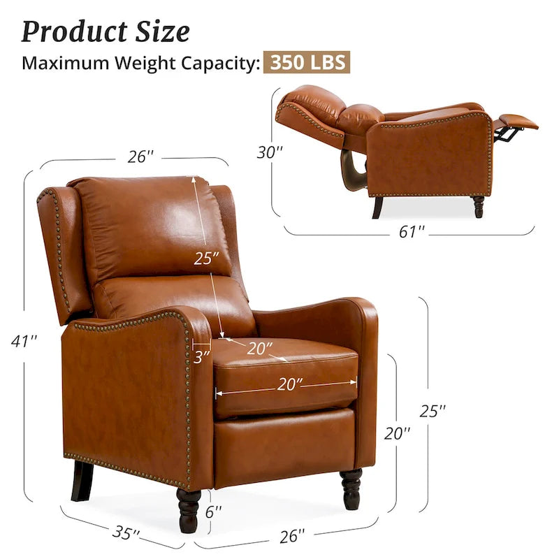 Sillón reclinable de cuero con respaldo pushback, cómodo para sala de estar