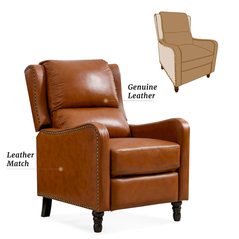 Sillón reclinable de cuero con respaldo pushback, cómodo para sala de estar