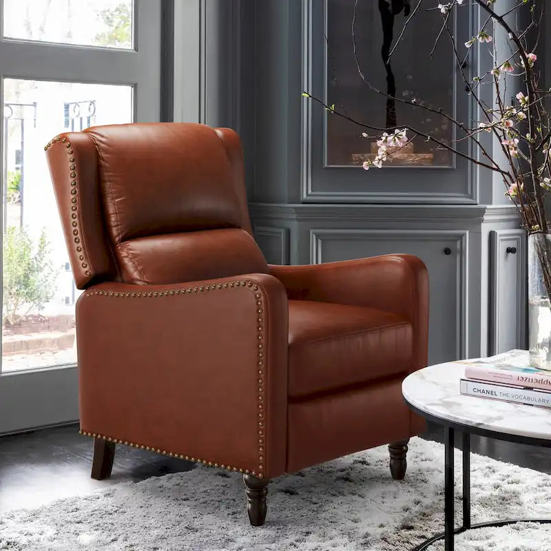 Sillón reclinable de cuero con respaldo pushback, cómodo para sala de estar