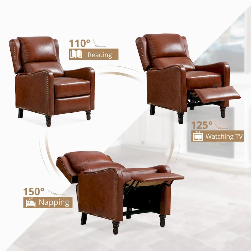 Sillón reclinable de cuero con respaldo pushback, cómodo para sala de estar
