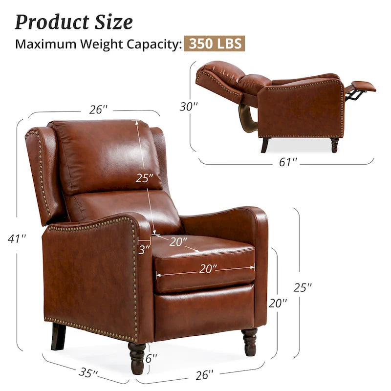 Sillón reclinable de cuero con respaldo pushback, cómodo para sala de estar