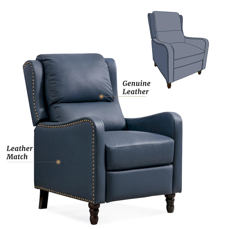 Sillón reclinable de cuero con respaldo pushback, cómodo para sala de estar