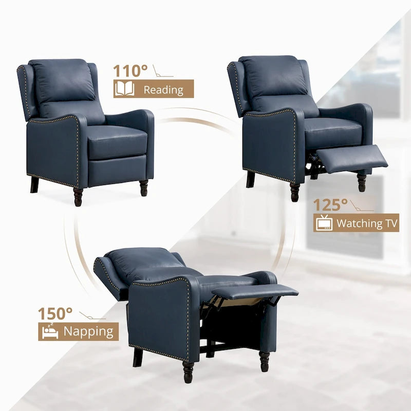 Sillón reclinable de cuero con respaldo pushback, cómodo para sala de estar