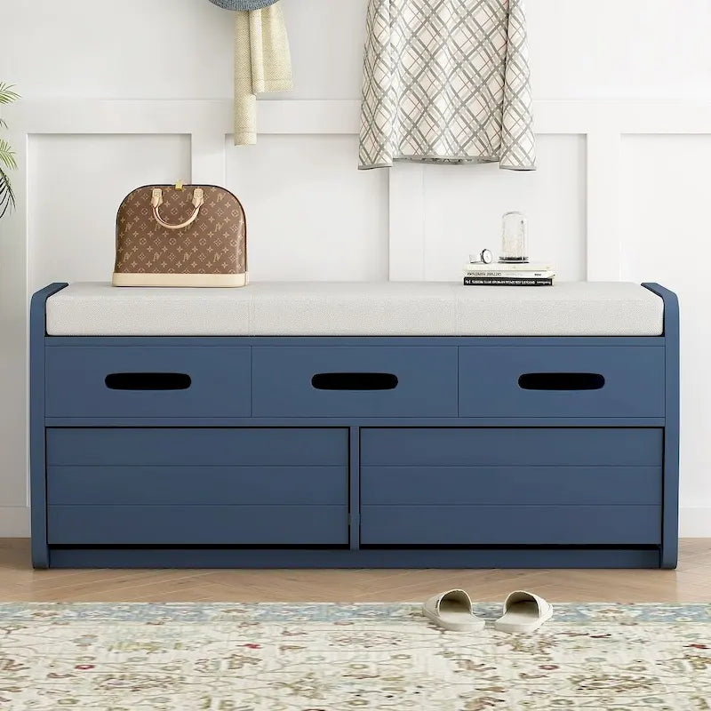 Banco de Almacenamiento con Cajones Blanco/Azul Marino/Espresso/Madera Natural – Asiento para 2 Personas