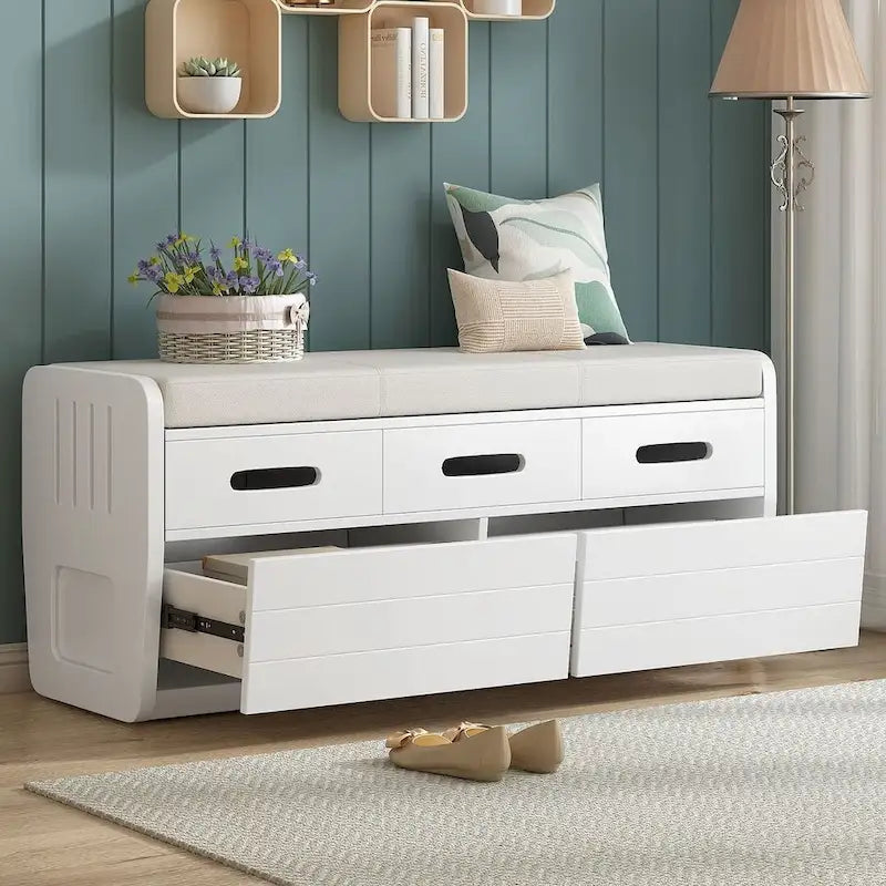 Banco de Almacenamiento con Cajones Blanco/Azul Marino/Espresso/Madera Natural – Asiento para 2 Personas