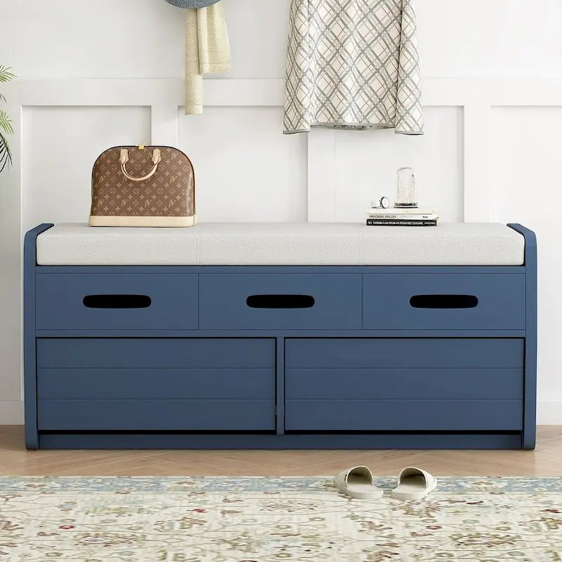 Banco de Almacenamiento con Cajones Blanco/Azul Marino/Espresso/Madera Natural – Asiento para 2 Personas