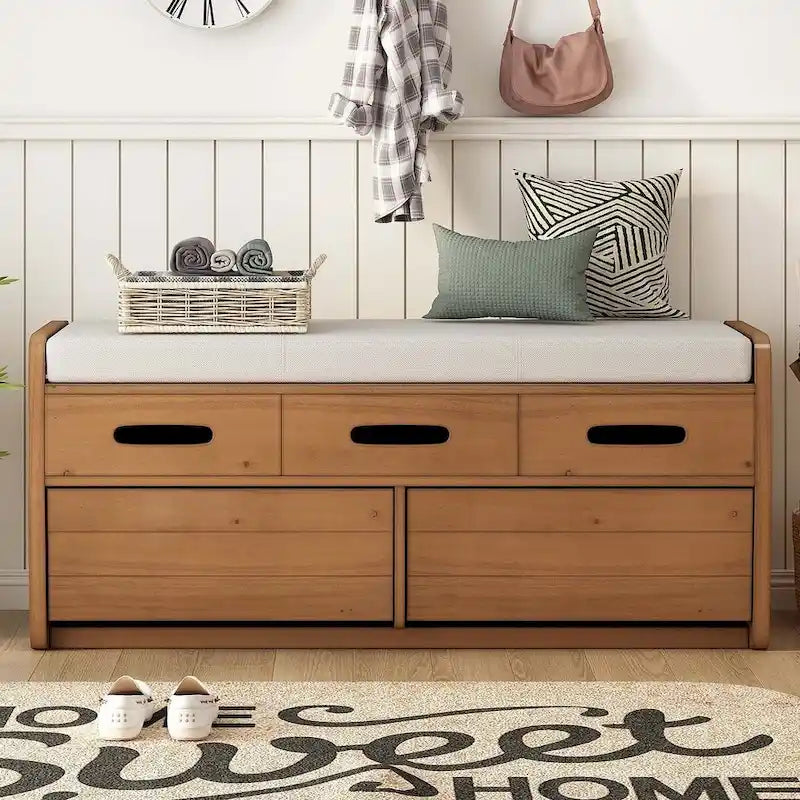 Banco de Almacenamiento con Cajones Blanco/Azul Marino/Espresso/Madera Natural – Asiento para 2 Personas