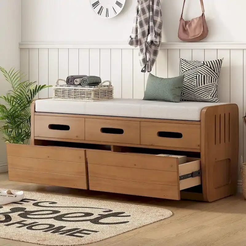 Banco de Almacenamiento con Cajones Blanco/Azul Marino/Espresso/Madera Natural – Asiento para 2 Personas