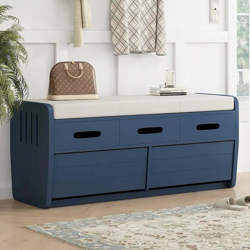 Banco de Almacenamiento con Cajones Blanco/Azul Marino/Espresso/Madera Natural – Asiento para 2 Personas