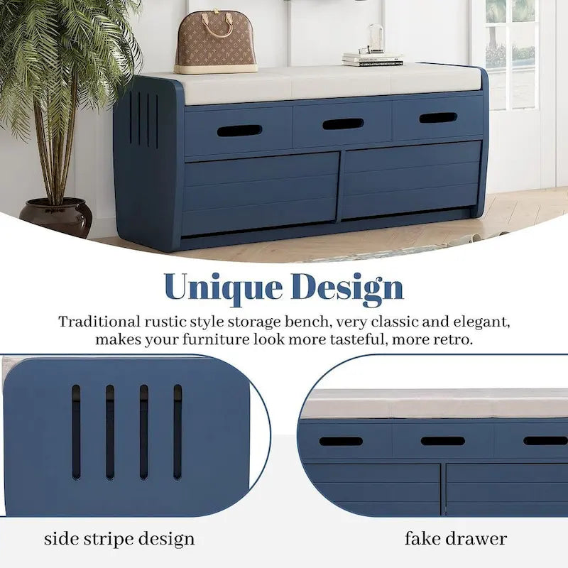 Banco de Almacenamiento con Cajones Blanco/Azul Marino/Espresso/Madera Natural – Asiento para 2 Personas