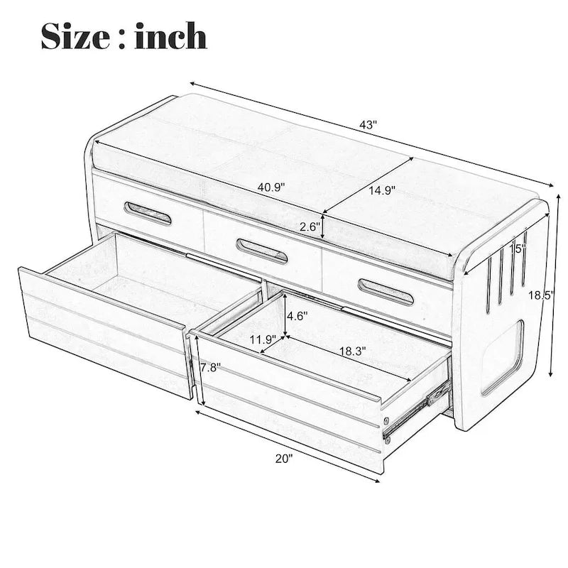 Banco de Almacenamiento con Cajones Blanco/Azul Marino/Espresso/Madera Natural – Asiento para 2 Personas