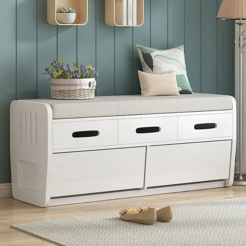 Banco de Almacenamiento con Cajones Blanco/Azul Marino/Espresso/Madera Natural – Asiento para 2 Personas