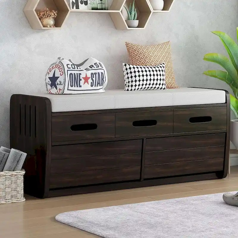Banco de Almacenamiento con Cajones Blanco/Azul Marino/Espresso/Madera Natural – Asiento para 2 Personas