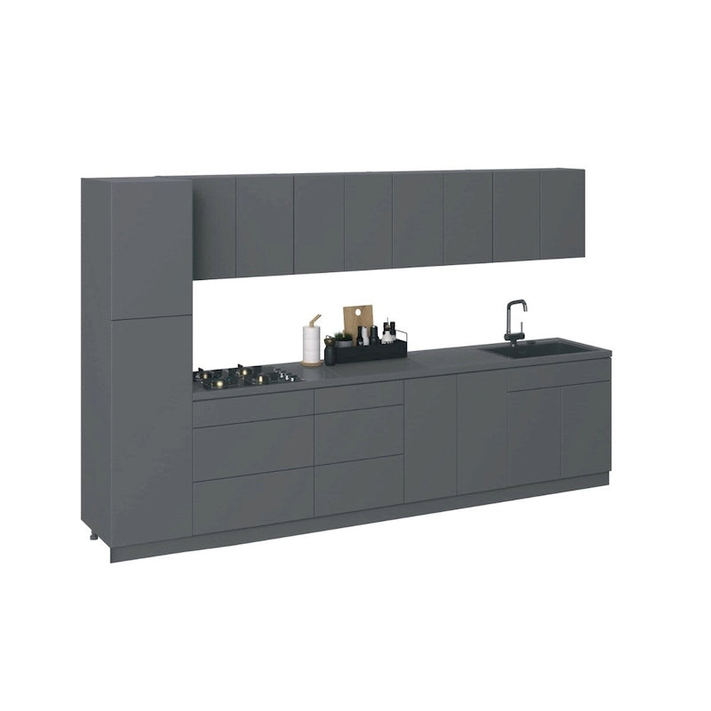 Juego de gabinetes de cocina bajos modernos plateados y blancos, para 2 personas, 3.35 m de ancho (135x24)