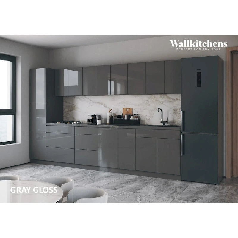 Juego de gabinetes de cocina bajos modernos plateados y blancos, para 2 personas, 3.35 m de ancho (135x24)