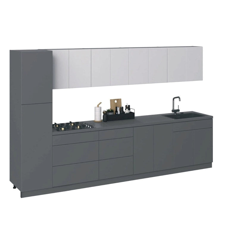 Juego de gabinetes de cocina bajos modernos plateados y blancos, para 2 personas, 3.35 m de ancho (135x24)