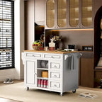 Carrito de cocina con encimera de madera de caucho - Isla de cocina móvil con ruedas con almacenamiento y 5 cajones, 53 pulgadas de largo