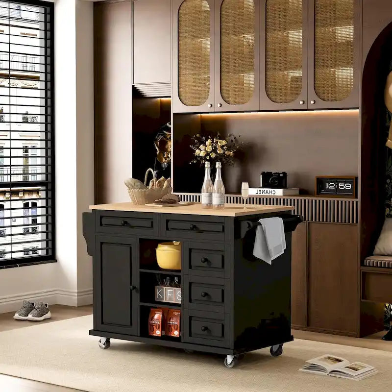Carrito de cocina con encimera de madera de caucho - Isla de cocina móvil con ruedas con almacenamiento y 5 cajones, 53 pulgadas de largo