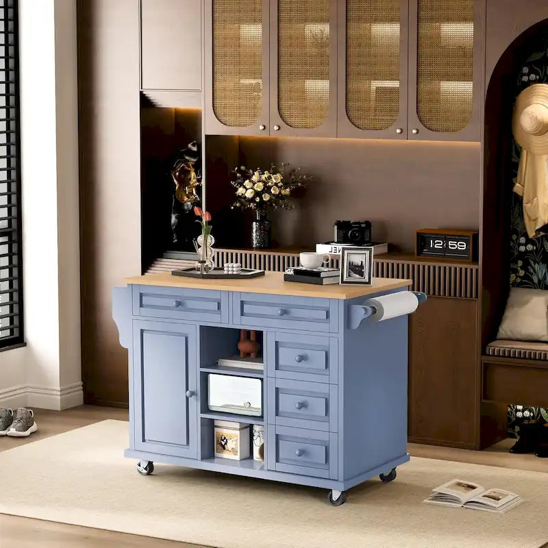 Carrito de cocina con encimera de madera de caucho - Isla de cocina móvil con ruedas con almacenamiento y 5 cajones, 53 pulgadas de largo