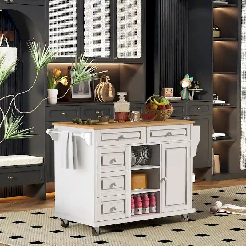 Carrito de cocina con encimera de madera de caucho - Isla de cocina móvil con ruedas con almacenamiento y 5 cajones, 53 pulgadas de largo