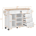 Carrito de cocina con encimera de madera de caucho - Isla de cocina móvil con ruedas con almacenamiento y 5 cajones, 53 pulgadas de largo