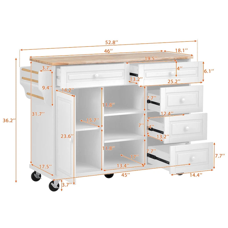 Carrito de cocina con encimera de madera de caucho - Isla de cocina móvil con ruedas con almacenamiento y 5 cajones, 53 pulgadas de largo