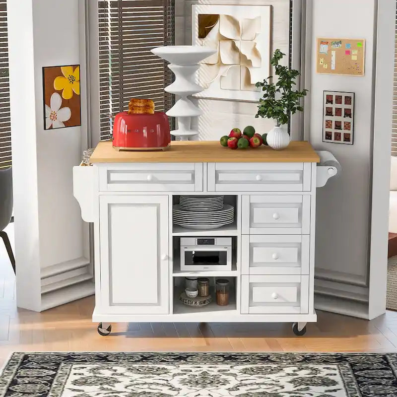 Carrito de cocina con encimera de madera de caucho - Isla de cocina móvil con ruedas con almacenamiento y 5 cajones, 53 pulgadas de largo