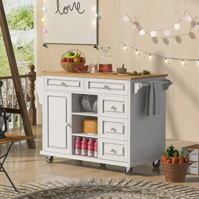 Carrito de cocina con encimera de madera de caucho - Isla de cocina móvil con ruedas con almacenamiento y 5 cajones, 53 pulgadas de largo