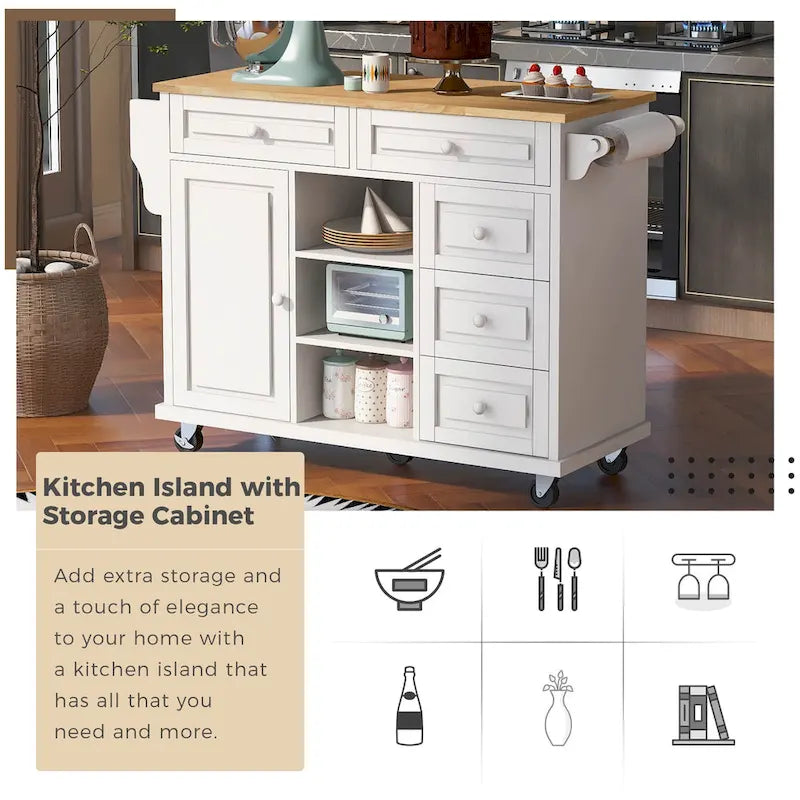 Carrito de cocina con encimera de madera de caucho - Isla de cocina móvil con ruedas con almacenamiento y 5 cajones, 53 pulgadas de largo