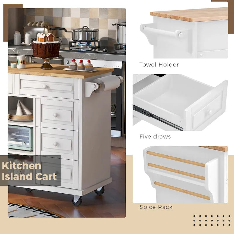 Carrito de cocina con encimera de madera de caucho - Isla de cocina móvil con ruedas con almacenamiento y 5 cajones, 53 pulgadas de largo