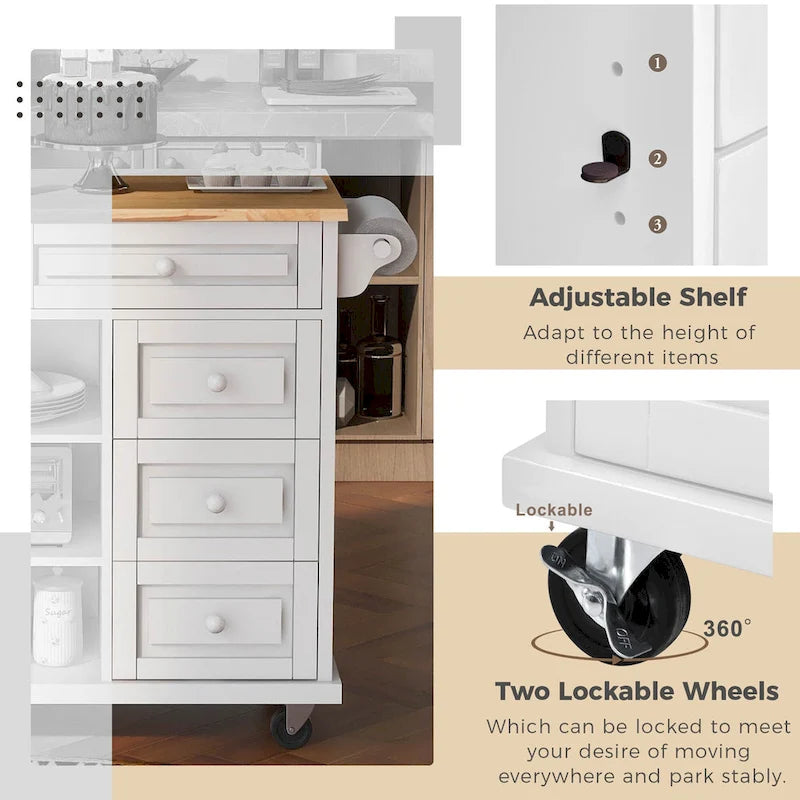 Carrito de cocina con encimera de madera de caucho - Isla de cocina móvil con ruedas con almacenamiento y 5 cajones, 53 pulgadas de largo