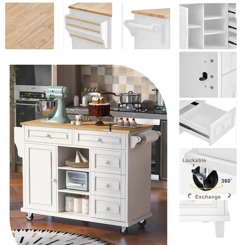 Carrito de cocina con encimera de madera de caucho - Isla de cocina móvil con ruedas con almacenamiento y 5 cajones, 53 pulgadas de largo