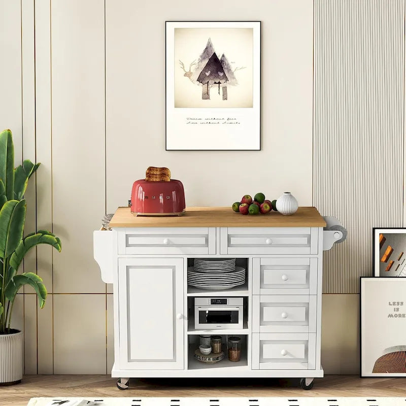 Carrito de cocina con encimera de madera de caucho - Isla de cocina móvil con ruedas con almacenamiento y 5 cajones, 53 pulgadas de largo