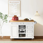 Carrito de cocina con encimera de madera de caucho - Isla de cocina móvil con ruedas con almacenamiento y 5 cajones, 53 pulgadas de largo