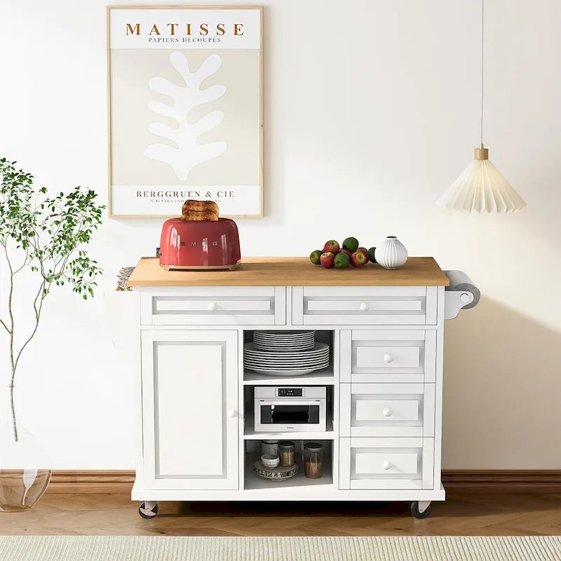 Carrito de cocina con encimera de madera de caucho - Isla de cocina móvil con ruedas con almacenamiento y 5 cajones, 53 pulgadas de largo