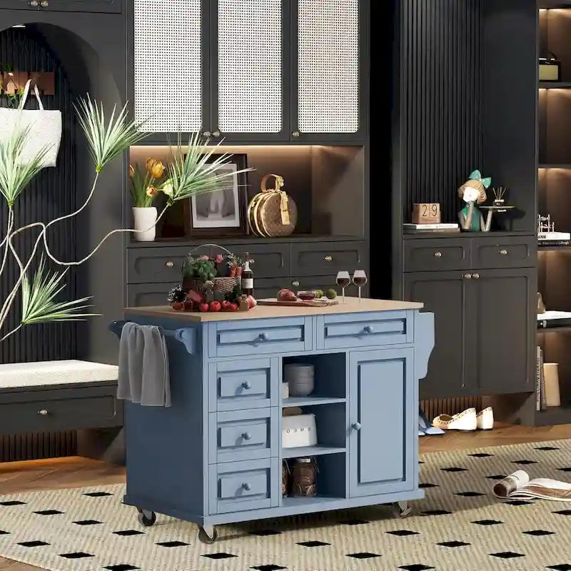 Carrito de cocina con encimera de madera de caucho - Isla de cocina móvil con ruedas con almacenamiento y 5 cajones, 53 pulgadas de largo