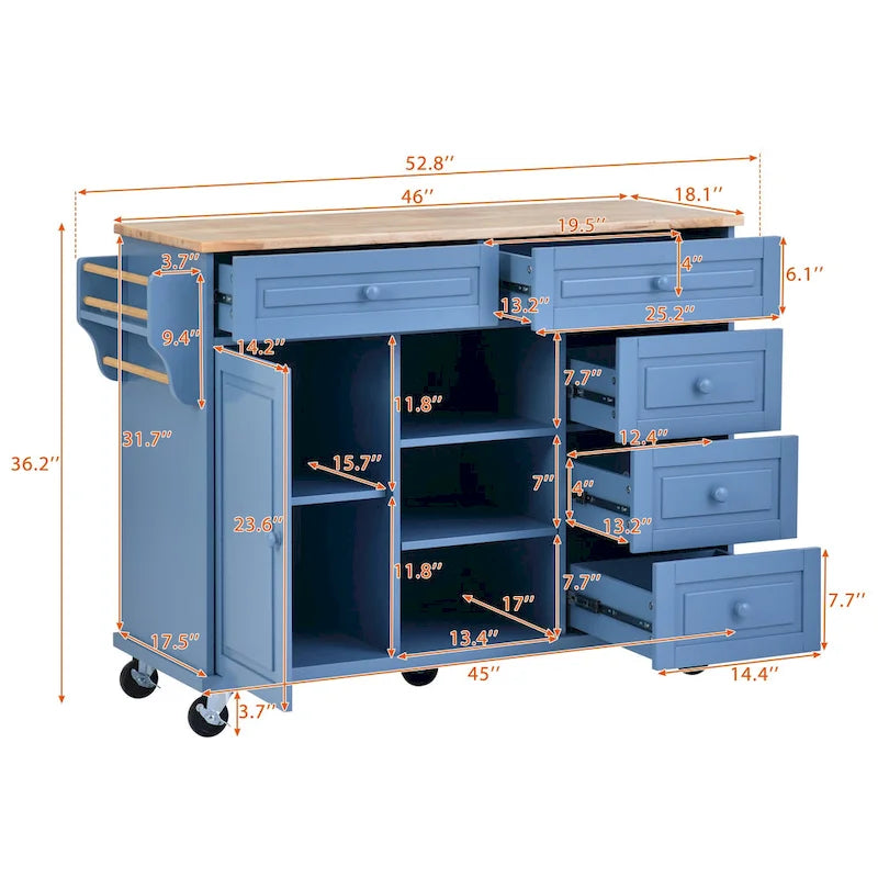 Carrito de cocina con encimera de madera de caucho - Isla de cocina móvil con ruedas con almacenamiento y 5 cajones, 53 pulgadas de largo