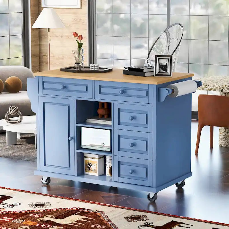 Carrito de cocina con encimera de madera de caucho - Isla de cocina móvil con ruedas con almacenamiento y 5 cajones, 53 pulgadas de largo
