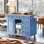 Carrito de cocina con encimera de madera de caucho - Isla de cocina móvil con ruedas con almacenamiento y 5 cajones, 53 pulgadas de largo