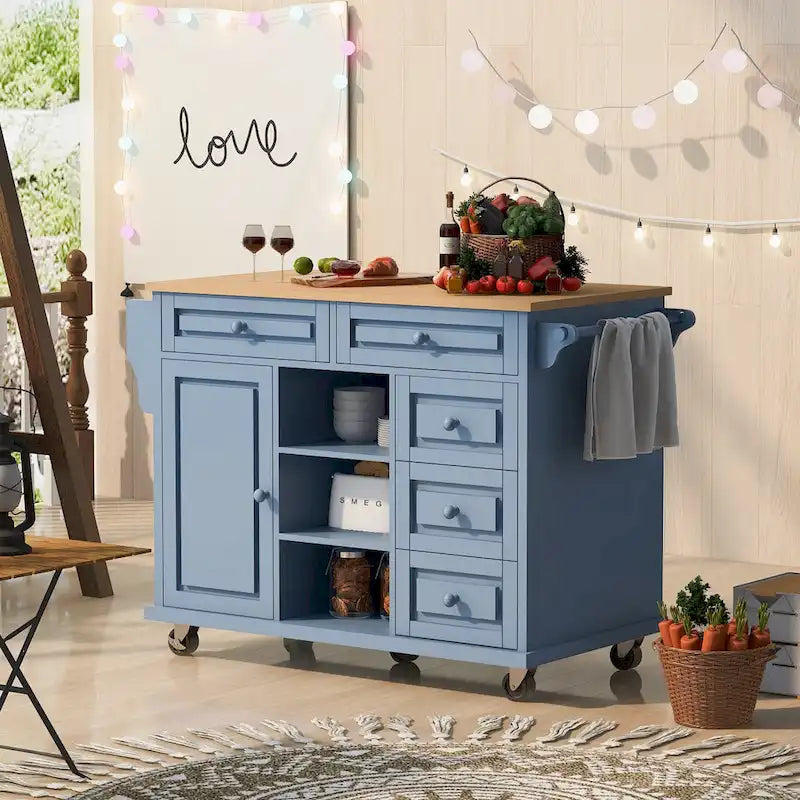 Carrito de cocina con encimera de madera de caucho - Isla de cocina móvil con ruedas con almacenamiento y 5 cajones, 53 pulgadas de largo