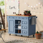 Carrito de cocina con encimera de madera de caucho - Isla de cocina móvil con ruedas con almacenamiento y 5 cajones, 53 pulgadas de largo
