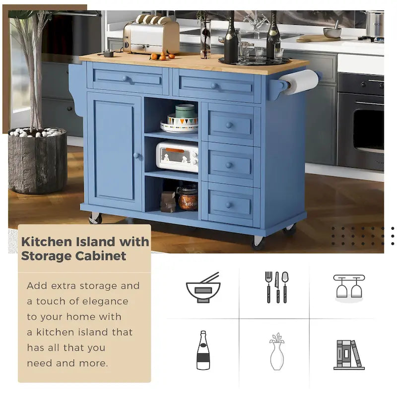 Carrito de cocina con encimera de madera de caucho - Isla de cocina móvil con ruedas con almacenamiento y 5 cajones, 53 pulgadas de largo