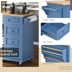 Carrito de cocina con encimera de madera de caucho - Isla de cocina móvil con ruedas con almacenamiento y 5 cajones, 53 pulgadas de largo