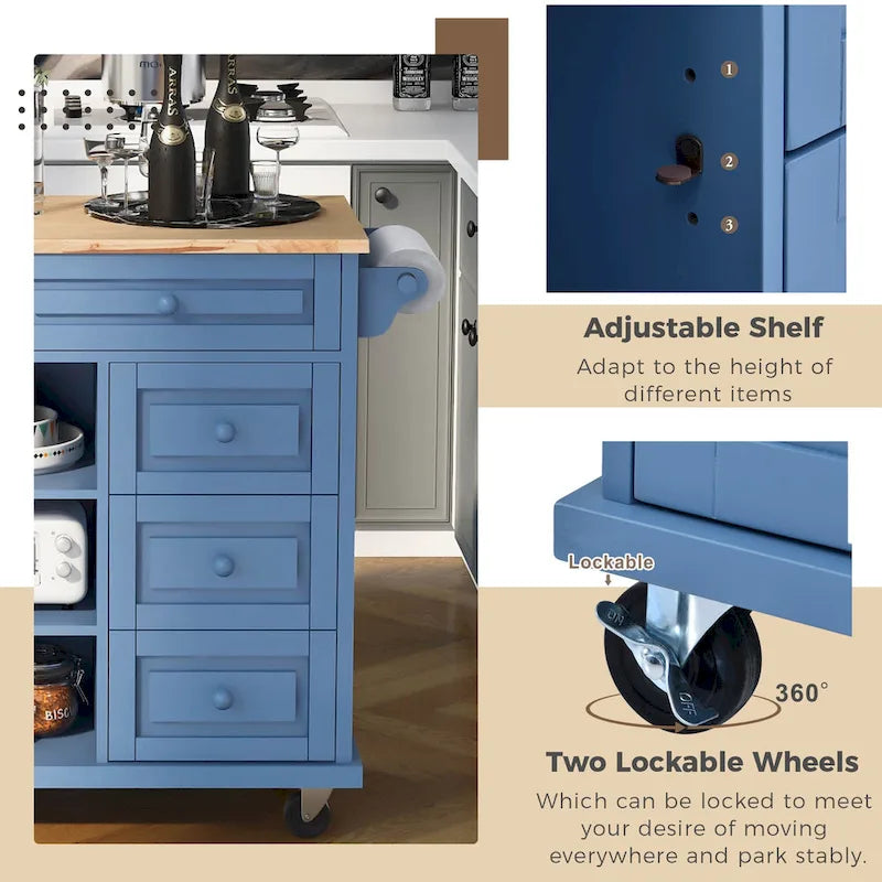 Carrito de cocina con encimera de madera de caucho - Isla de cocina móvil con ruedas con almacenamiento y 5 cajones, 53 pulgadas de largo