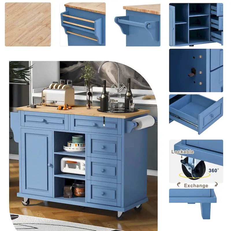 Carrito de cocina con encimera de madera de caucho - Isla de cocina móvil con ruedas con almacenamiento y 5 cajones, 53 pulgadas de largo