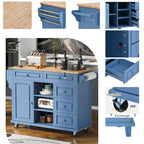 Carrito de cocina con encimera de madera de caucho - Isla de cocina móvil con ruedas con almacenamiento y 5 cajones, 53 pulgadas de largo